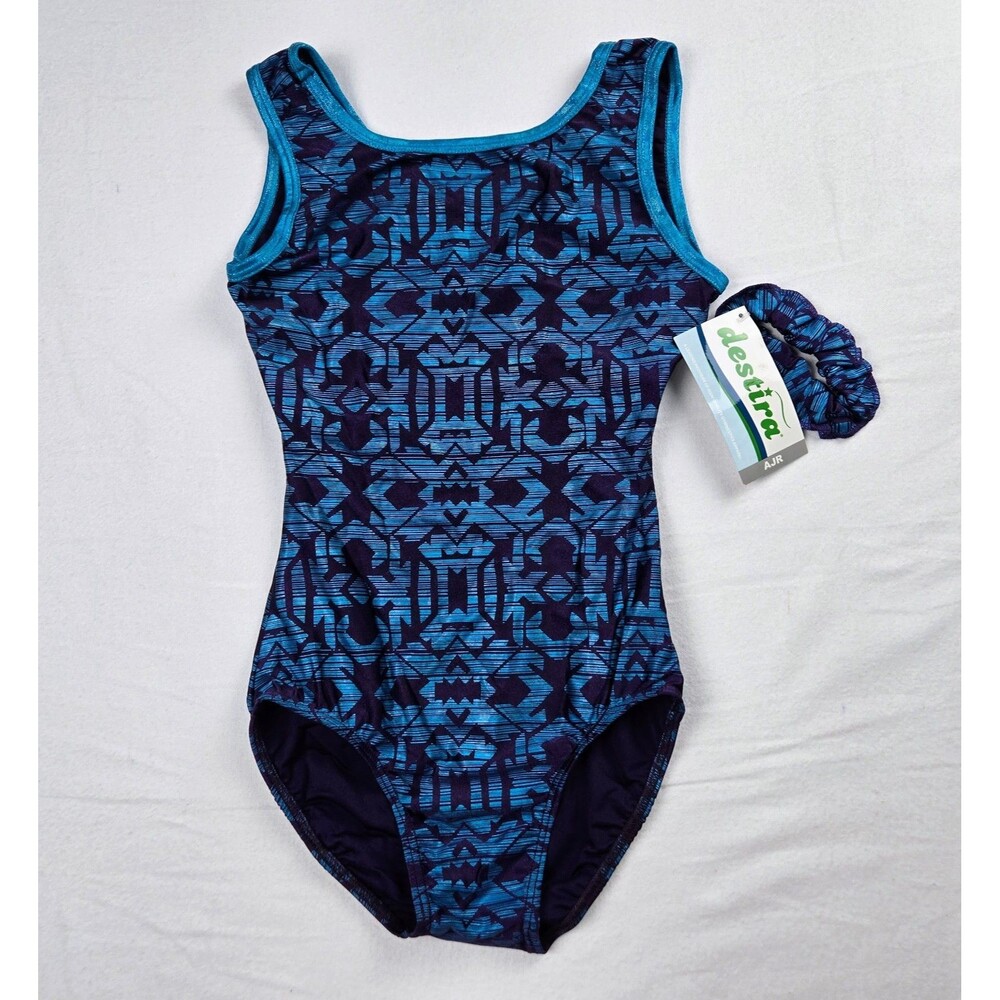 NWT Destira AJR Keyhole Tank Gymnastics Leotard Aztec Turquoise Scrunchie